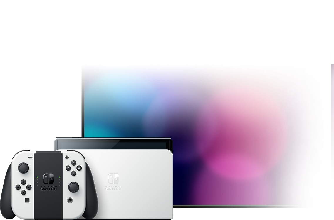 Nintendo Switch OLED in white dock and the white joy-cons in the charging grip