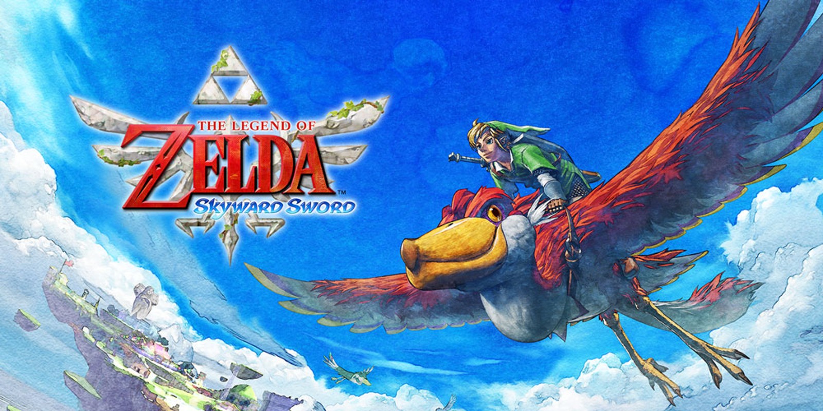 Link flies on a Loftwing in key art for The Legend of Zelda: Skyward Sword. Image from Nintendo.